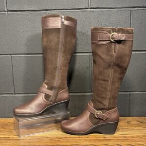 Clark’s Brown Leather Wedge Knee High Boots Women’s 7.5